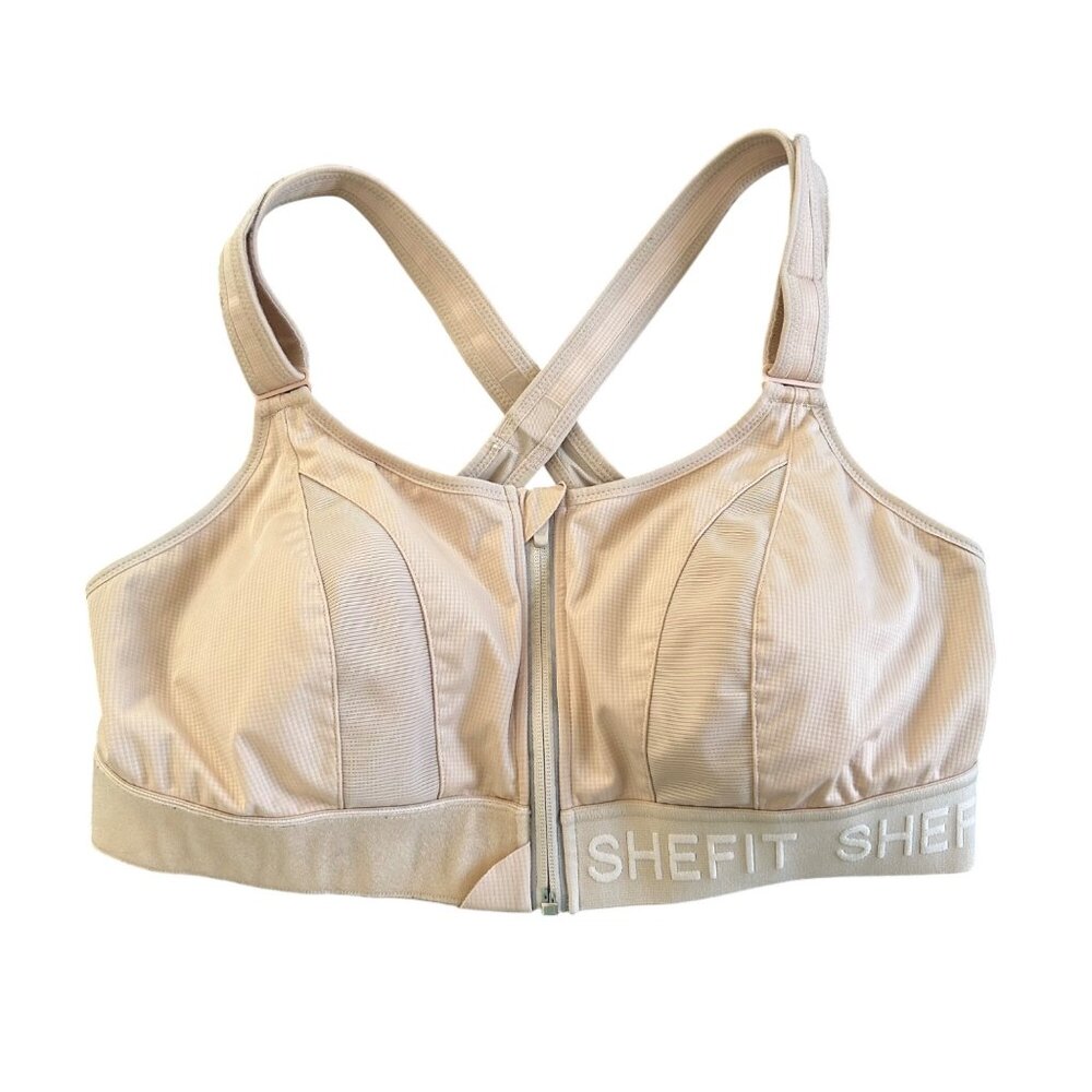 Shefit Womens One Size Luxe Sports Bra Beige Adjustable Zip Front  Activewear